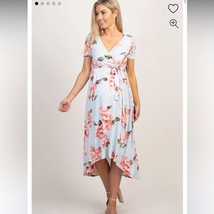 Light Blue Floral Hi-Low Maternity Wrap Dress
